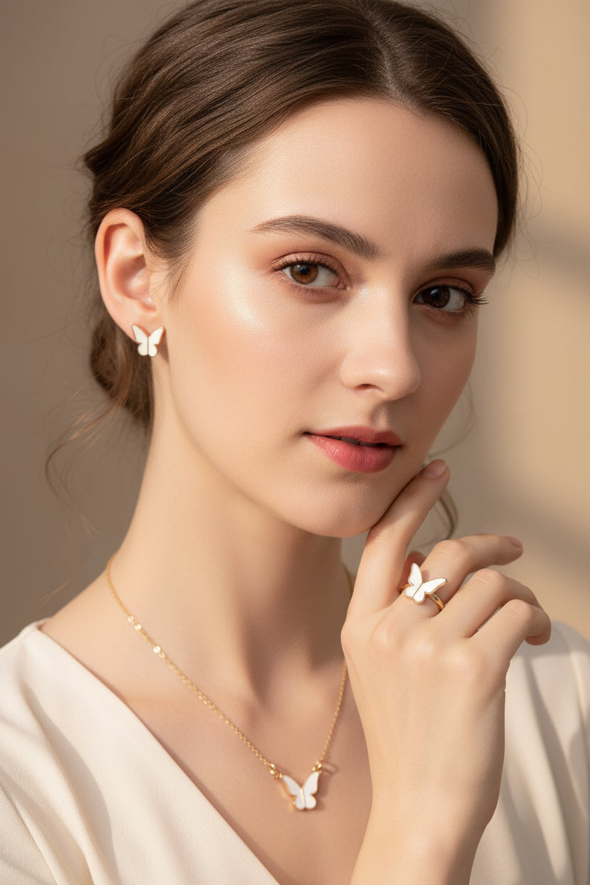 Butterfly Set, Pack Of 4 / Pendants Necklace Earrings Ring For Women Jewelry -white