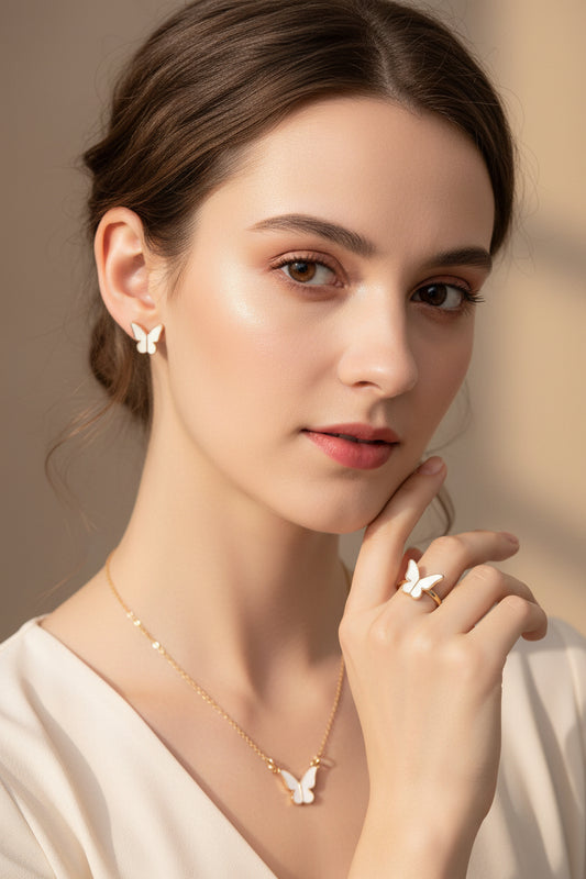 Butterfly Set, Pack Of 4 / Pendants Necklace Earrings Ring For Women Jewelry -white