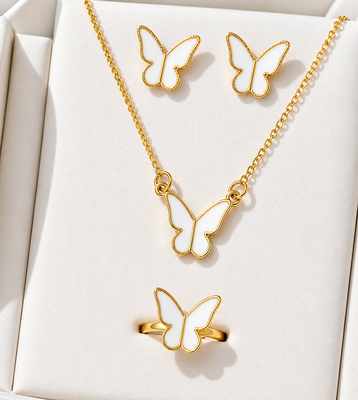 Butterfly Set, Pack Of 4 / Pendants Necklace Earrings Ring For Women Jewelry -white