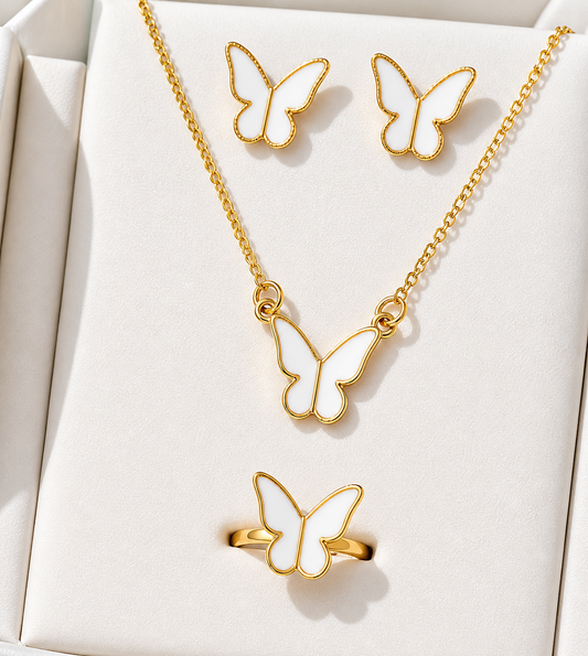 Butterfly Set, Pack Of 4 / Pendants Necklace Earrings Ring For Women Jewelry -white